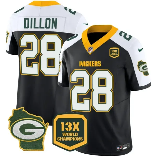 Mens Green Bay Packers 13 Time World Champions Home Patch Vapor Jersey AJ Dillons Jersey Black Alternate