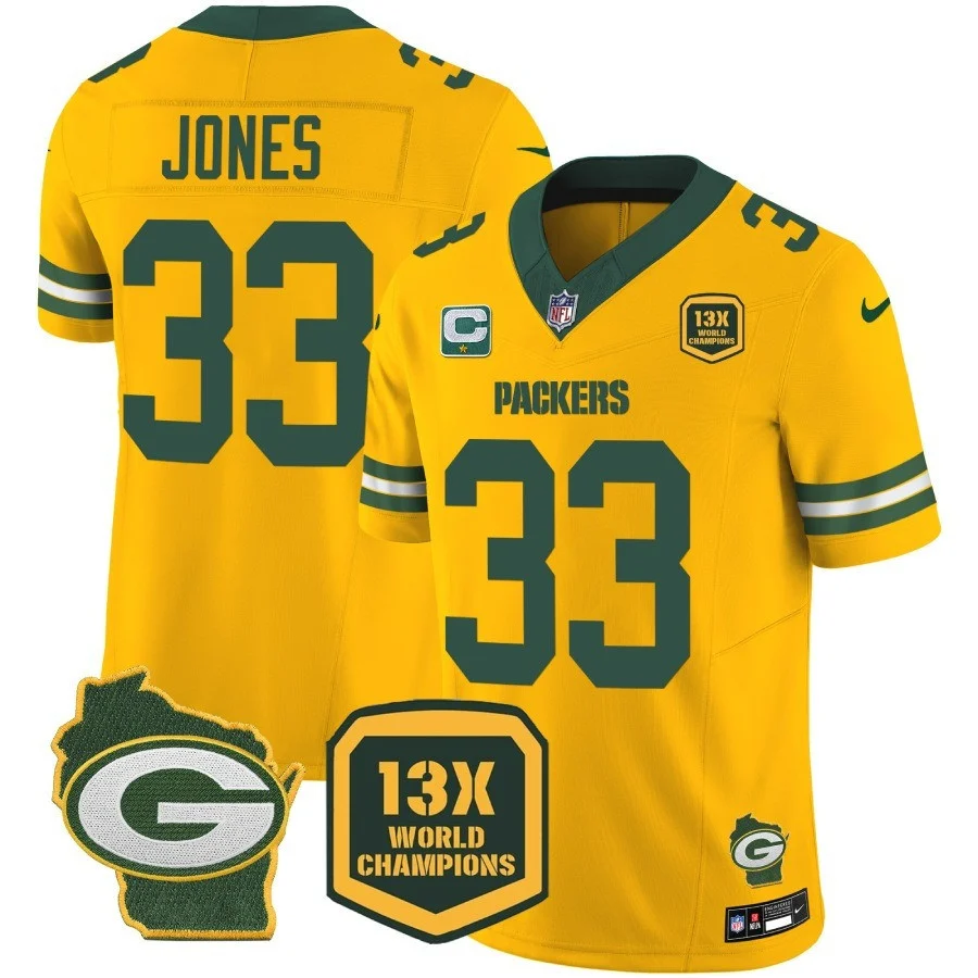 Mens Green Bay Packers 13 Time World Champions Home Patch Vapor Jersey Aaron Jones Jersey Gold