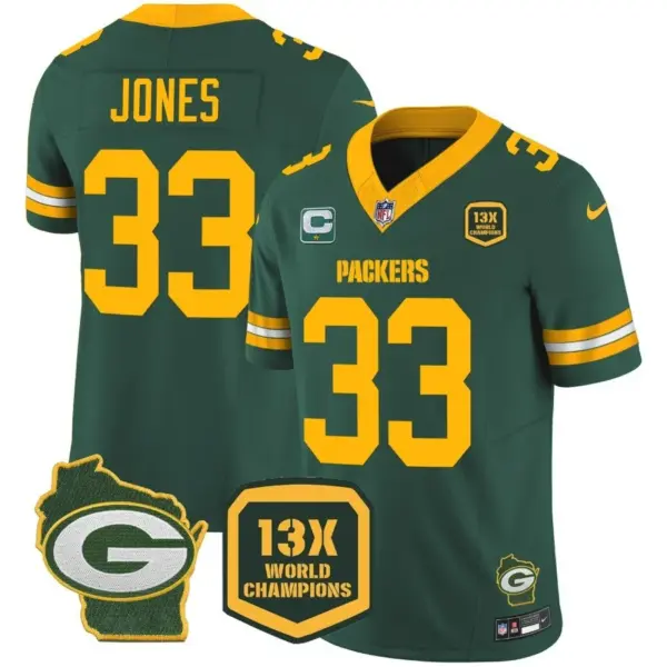 Mens Green Bay Packers 13 Time World Champions Home Patch Vapor Jersey Aaron Jones Jersey Green