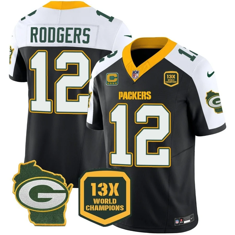 Mens Green Bay Packers 13 Time World Champions Home Patch Vapor Jersey Aaron Rodgers Jersey Black Alternate