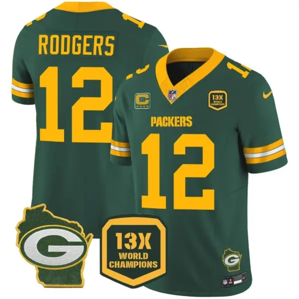 Mens Green Bay Packers 13 Time World Champions Home Patch Vapor Jersey Aaron Rodgers Jersey Green