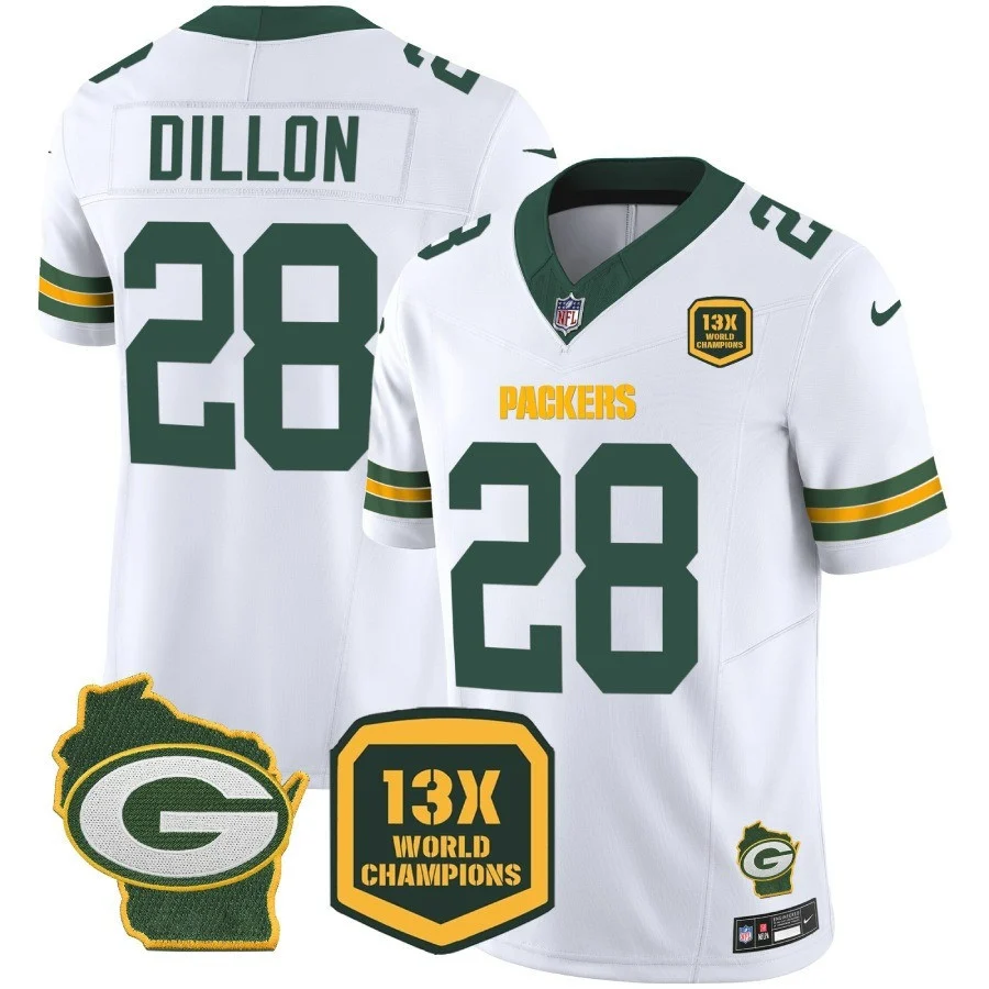 Mens Green Bay Packers 13 Time World Champions Home Patch Vapor Jersey AJ Dillons Jersey White