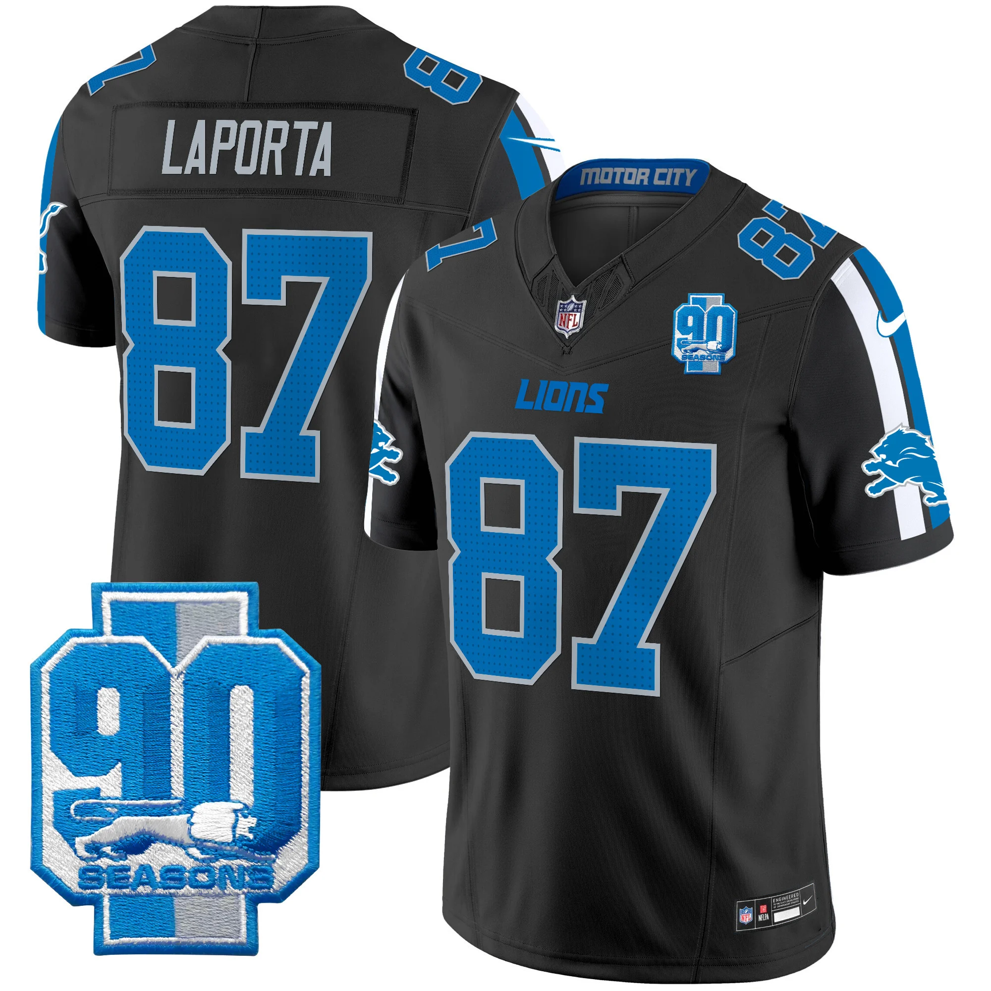 Mens Detroit Lions 90Th Year Patch Vapor Limited Jersey Sam Laporta Jersey Black