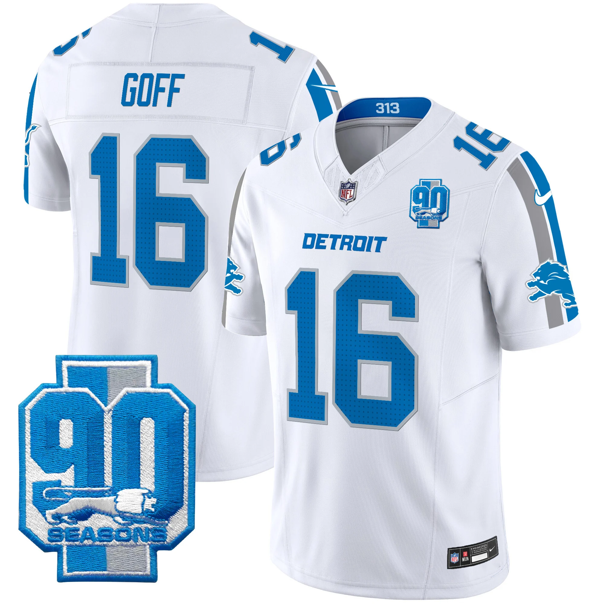 Mens Detroit Lions 90Th Year Patch Vapor Limited Jersey Jared Goff Jersey White