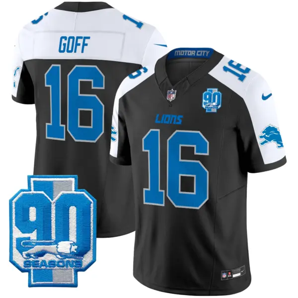 Mens Detroit Lions 90Th Year Patch Vapor Limited Jersey Jared Goff Jersey Black Alternate