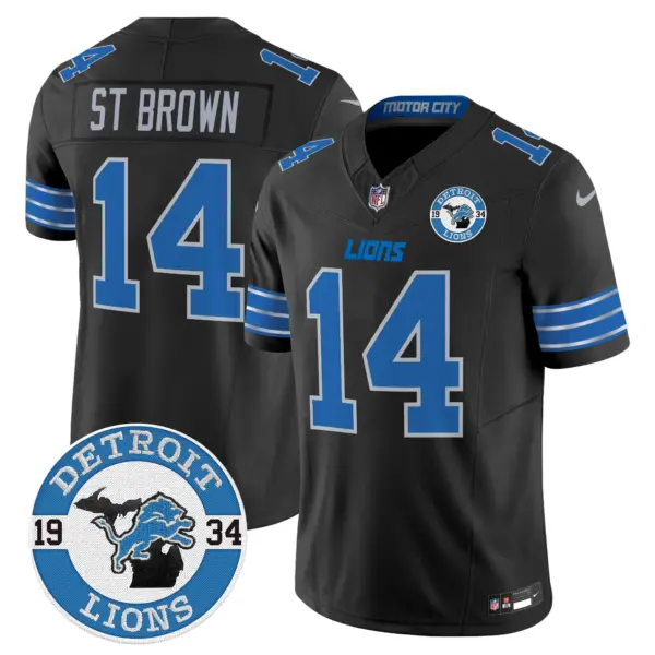 Mens Detroit Lions 2024 Vapor Limited Jersey Est 1934 Patch Stbrown Jersey Black