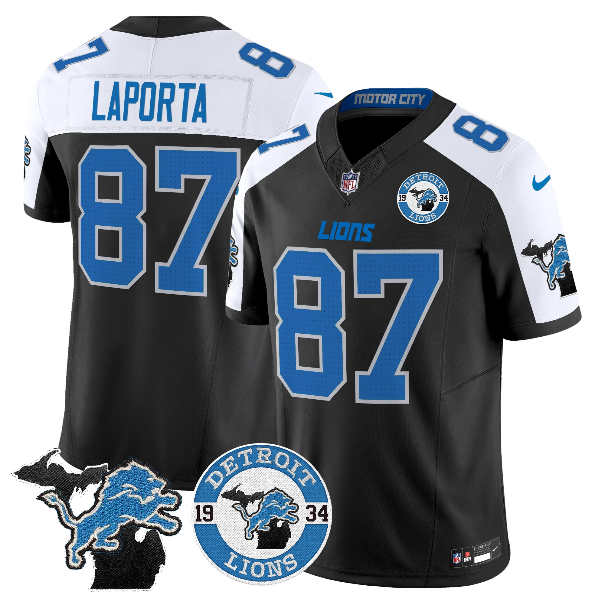 Mens Detroit Lions 2024 Vapor Limited Jersey Est 1934 Patch Sam Laporta Jersey Alternate