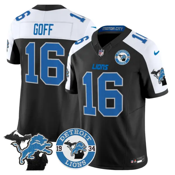 Mens Detroit Lions 2024 Vapor Limited Jersey Est 1934 Patch Jared Goff Jersey Alternate