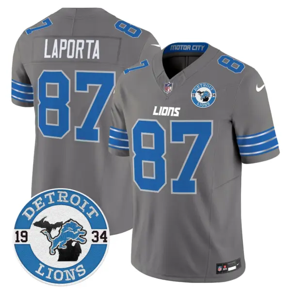 Mens Detroit Lions 2024 Vapor Limited Jersey Est 1934 Patch Sam Laporta Jersey Gray