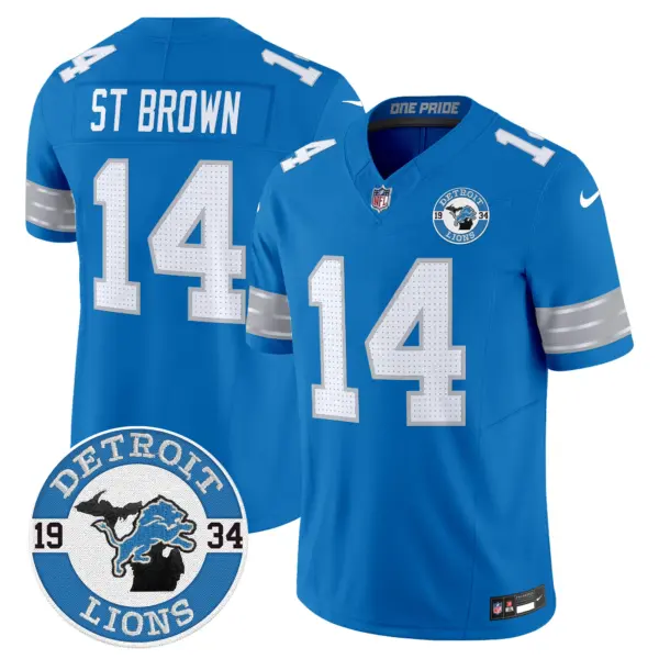 Mens Detroit Lions 2024 Vapor Limited Jersey Est 1934 Patch Stbrown Jersey Blue