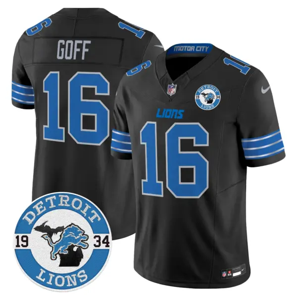 Mens Detroit Lions 2024 Vapor Limited Jersey Est 1934 Patch Jared Goff Jersey Black