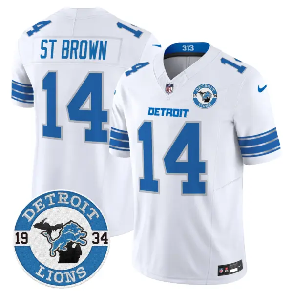 Mens Detroit Lions 2024 Vapor Limited Jersey Est 1934 Patch Stbrown Jersey White