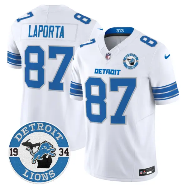 Mens Detroit Lions 2024 Vapor Limited Jersey Est 1934 Patch Sam Laporta Jersey White