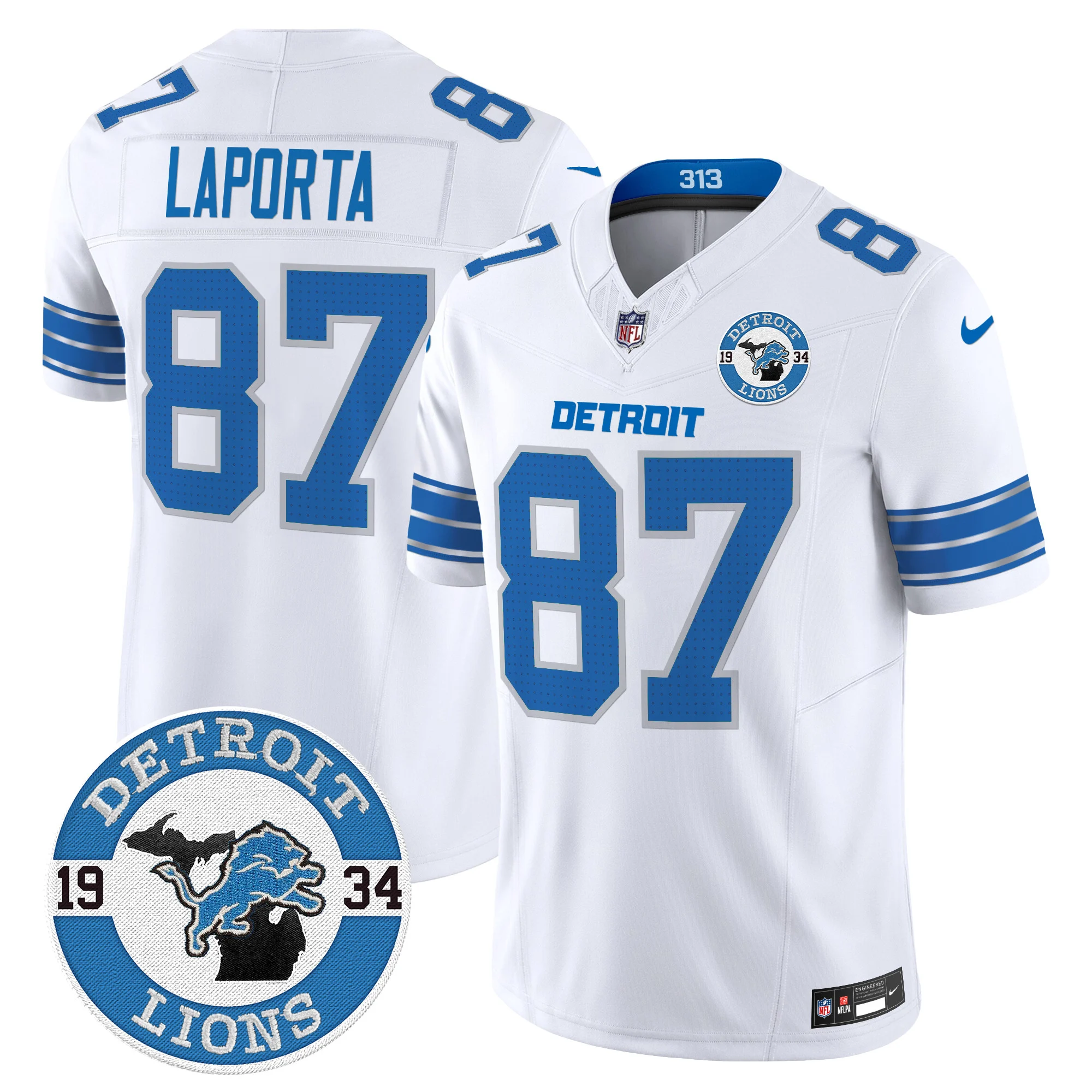 Mens Detroit Lions 2024 Vapor Limited Jersey Est 1934 Patch Sam Laporta Jersey White
