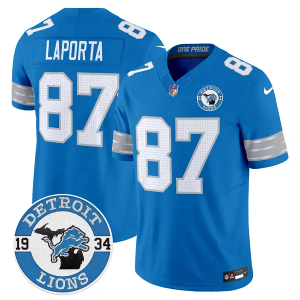 Mens Detroit Lions 2024 Vapor Limited Jersey Est 1934 Patch Sam Laporta Jersey Blue