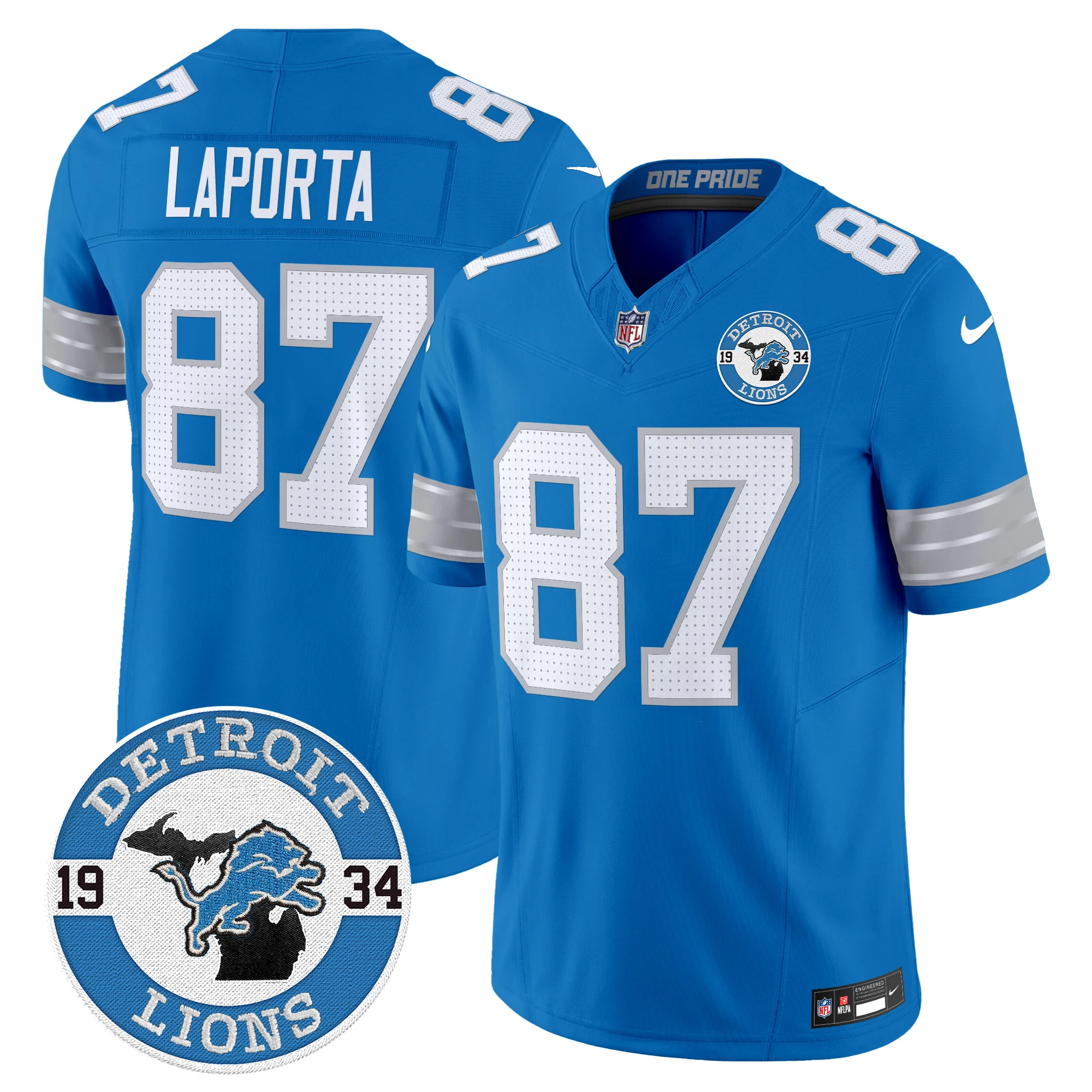 Mens Detroit Lions 2024 Vapor Limited Jersey Est 1934 Patch Sam Laporta Jersey Blue