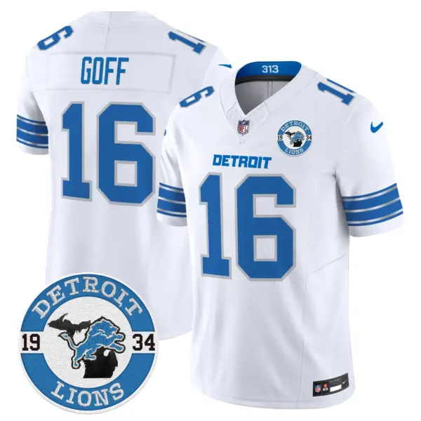 Mens Detroit Lions 2024 Vapor Limited Jersey Est 1934 Patch Jared Goff Jersey White
