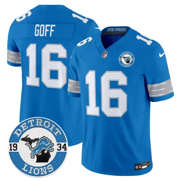 Mens Detroit Lions 2024 Vapor Limited Jersey Est 1934 Patch Jared Goff Jersey Blue