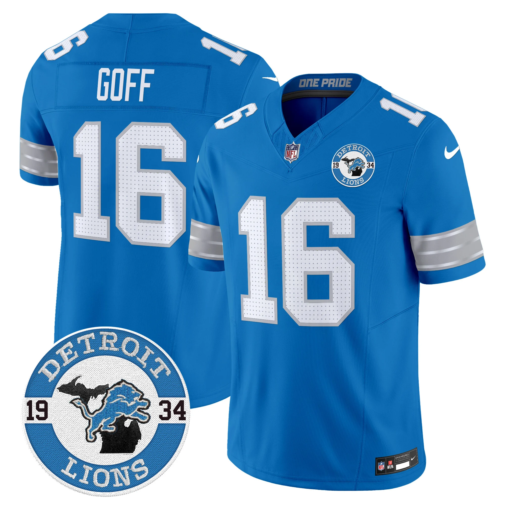 Mens Detroit Lions 2024 Vapor Limited Jersey Est 1934 Patch Jared Goff Jersey Blue