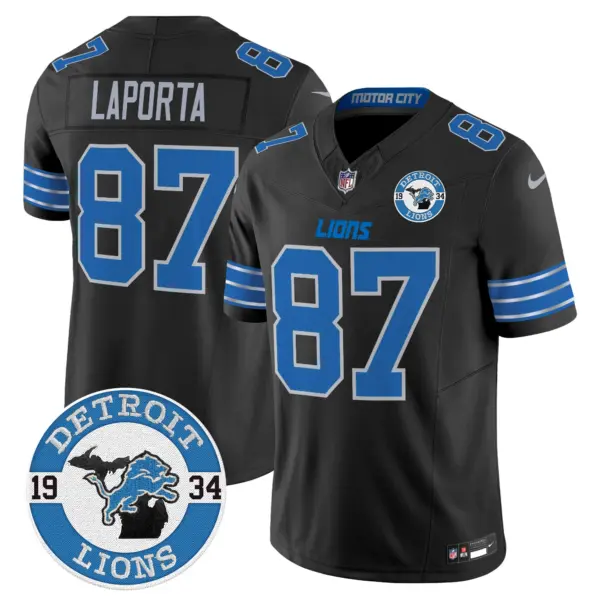 Mens Detroit Lions 2024 Vapor Limited Jersey Est 1934 Patch Sam Laporta Jersey Black