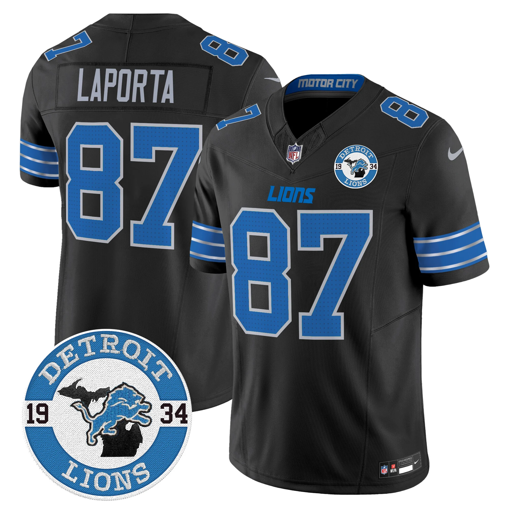 Mens Detroit Lions 2024 Vapor Limited Jersey Est 1934 Patch Sam Laporta Jersey Black