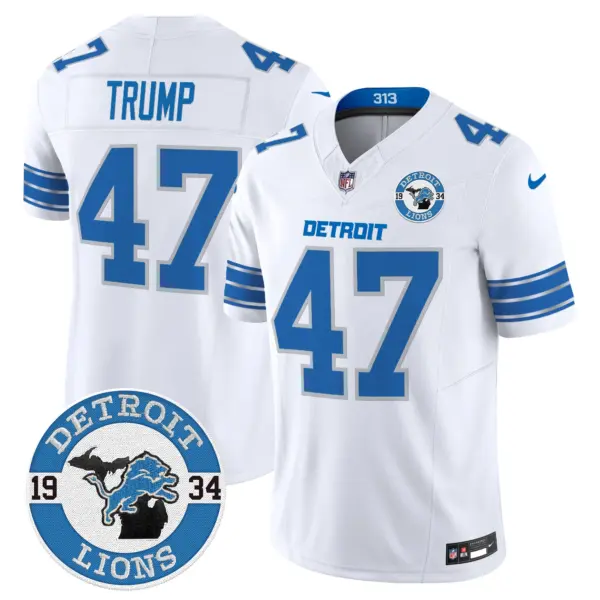 Mens Detroit Lions 2024 Vapor Limited Jersey Est 1934 Patch Donald Trump Jersey White