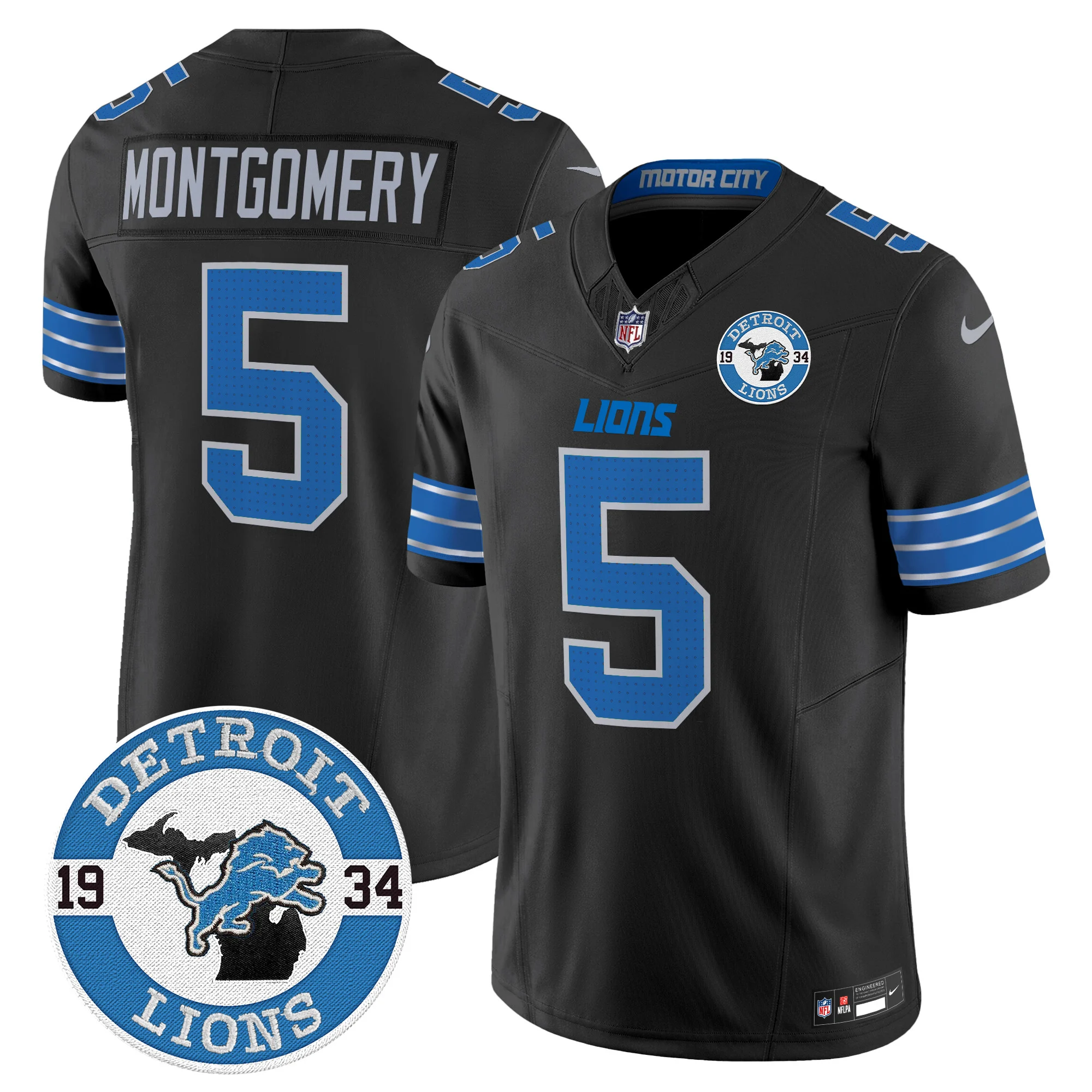 Mens Detroit Lions 2024 Vapor Limited Jersey Est 1934 Patch David Montgomery Jersey Black