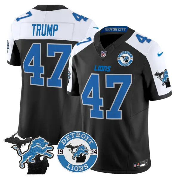 Mens Detroit Lions 2024 Vapor Limited Jersey Est 1934 Patch Donald Trump Jersey Blue Alternate