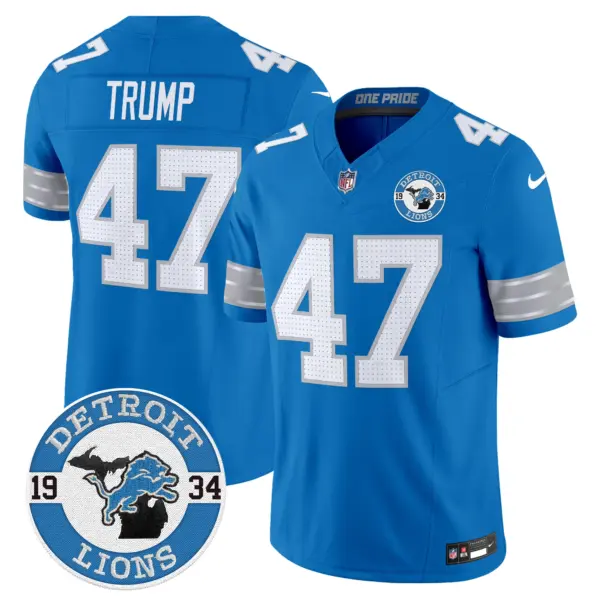 Mens Detroit Lions 2024 Vapor Limited Jersey Est 1934 Patch Donald Trump Jersey Blue