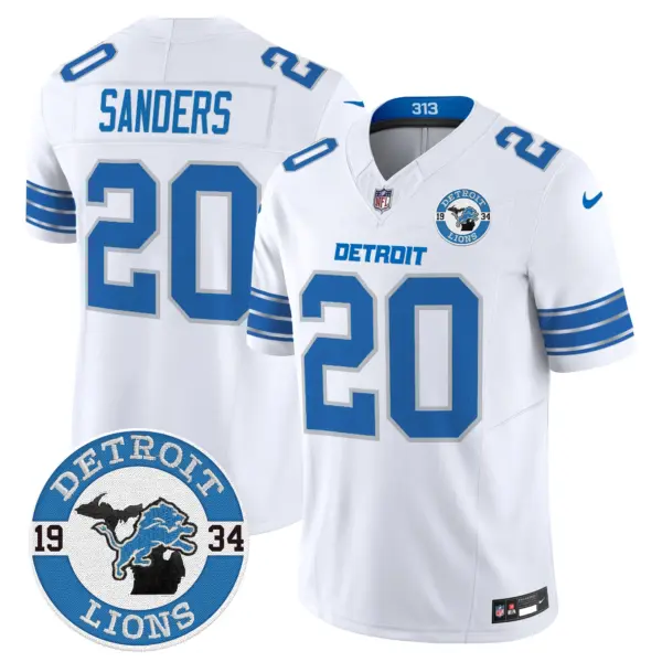 Mens Detroit Lions 2024 Vapor Limited Jersey Est 1934 Patch Barry Sanders Jersey White