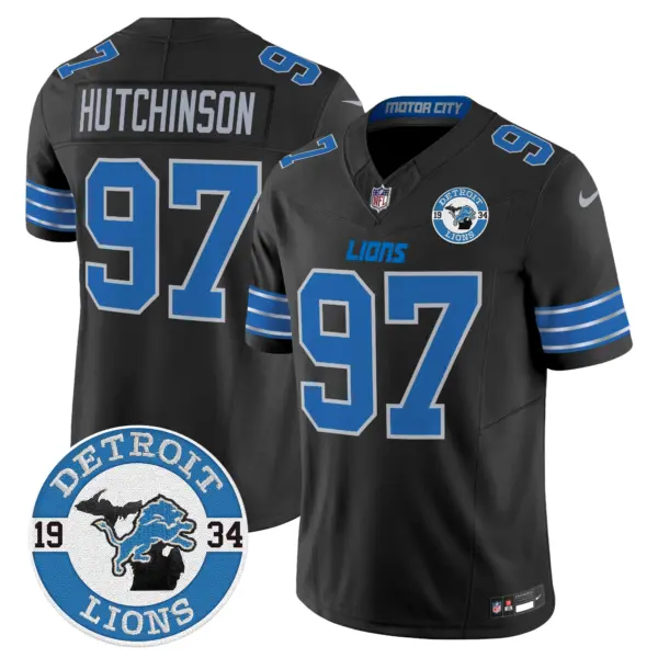 Mens Detroit Lions 2024 Vapor Limited Jersey Est 1934 Patch Hutchinson Jersey Black