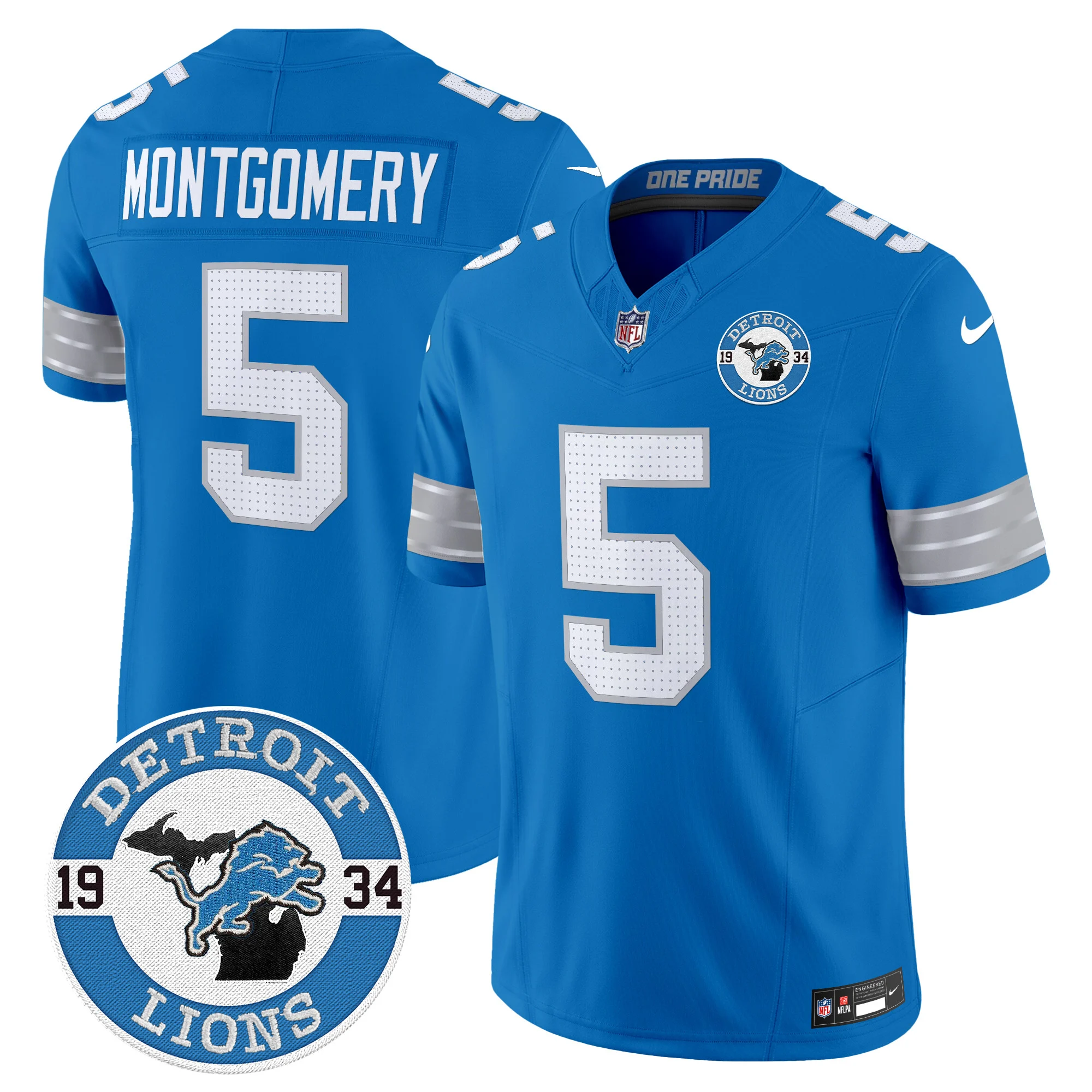 Mens Detroit Lions 2024 Vapor Limited Jersey Est 1934 Patch David Montgomery Jersey Blue