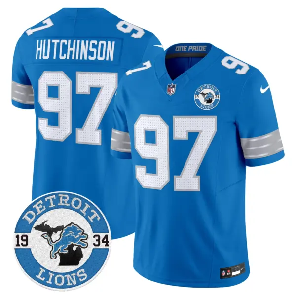 Mens Detroit Lions 2024 Vapor Limited Jersey Est 1934 Patch Hutchinson Jersey Blue