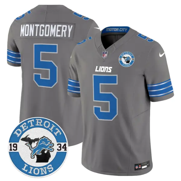 Mens Detroit Lions 2024 Vapor Limited Jersey Est 1934 Patch David Montgomery Jersey Gray