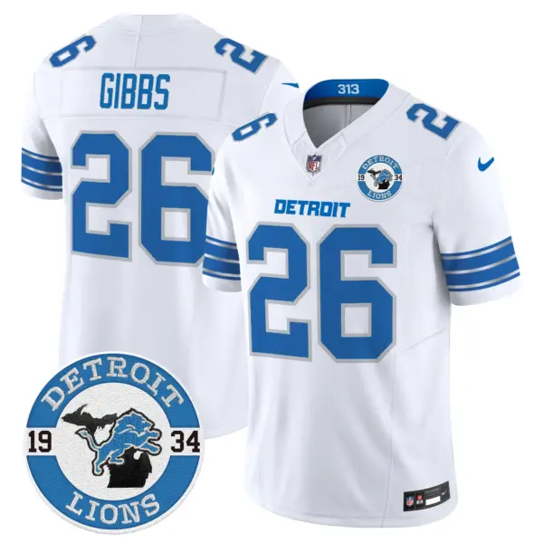 Mens Detroit Lions 2024 Vapor Limited Jersey Est 1934 Patch Jahmyr Gibbs Jersey White