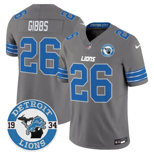 Mens Detroit Lions 2024 Vapor Limited Jersey Est 1934 Patch Jahmyr Gibbs Jersey Gray