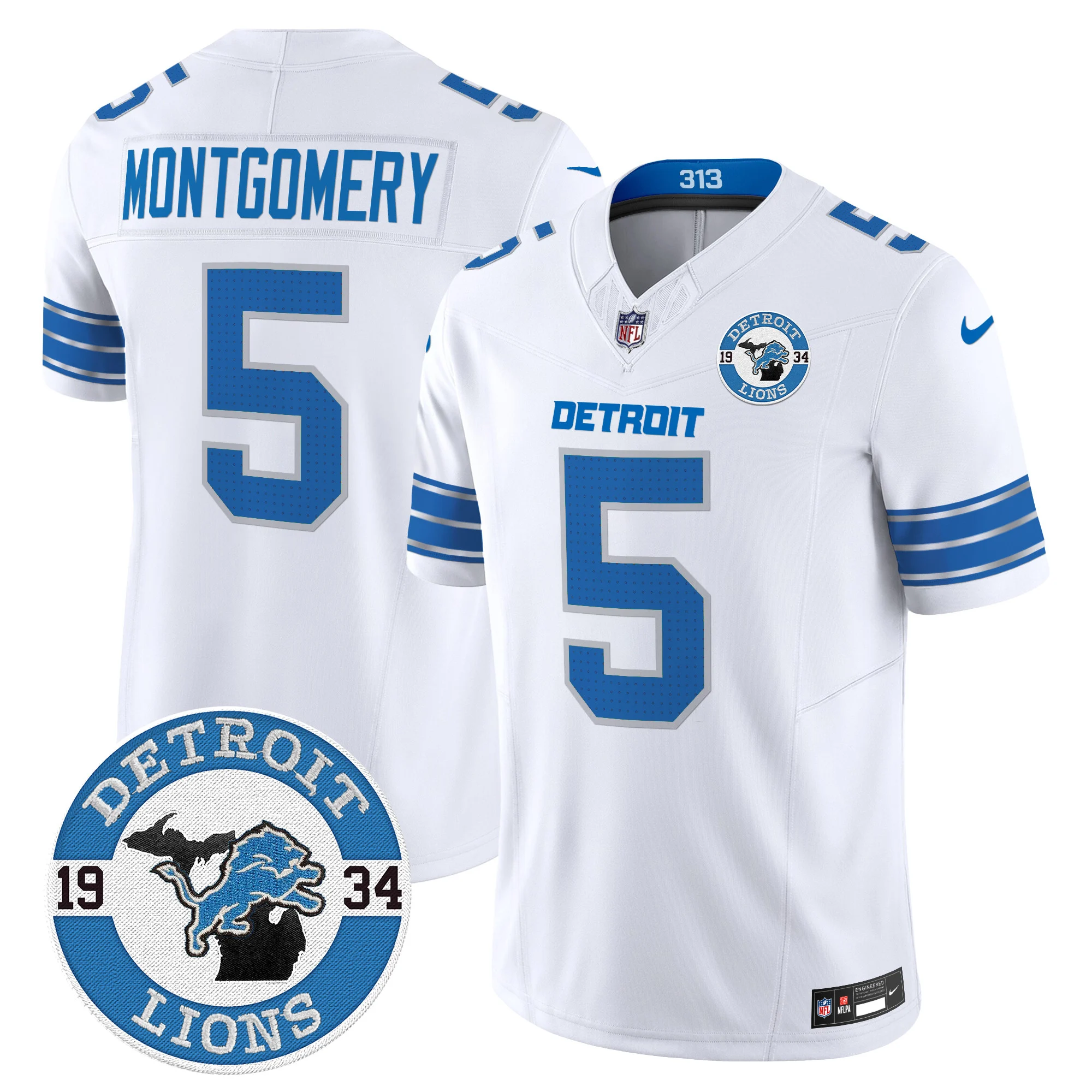 Mens Detroit Lions 2024 Vapor Limited Jersey Est 1934 Patch David Montgomery Jersey White