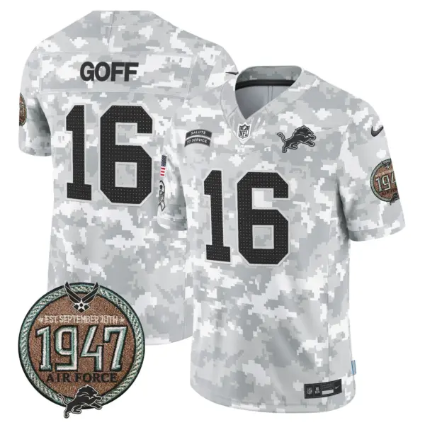 Mens Detroit Lions 2024 Salute To Service Establishment Year Patch Vapor Limited Jersey Jared Goff Jersey Air Force