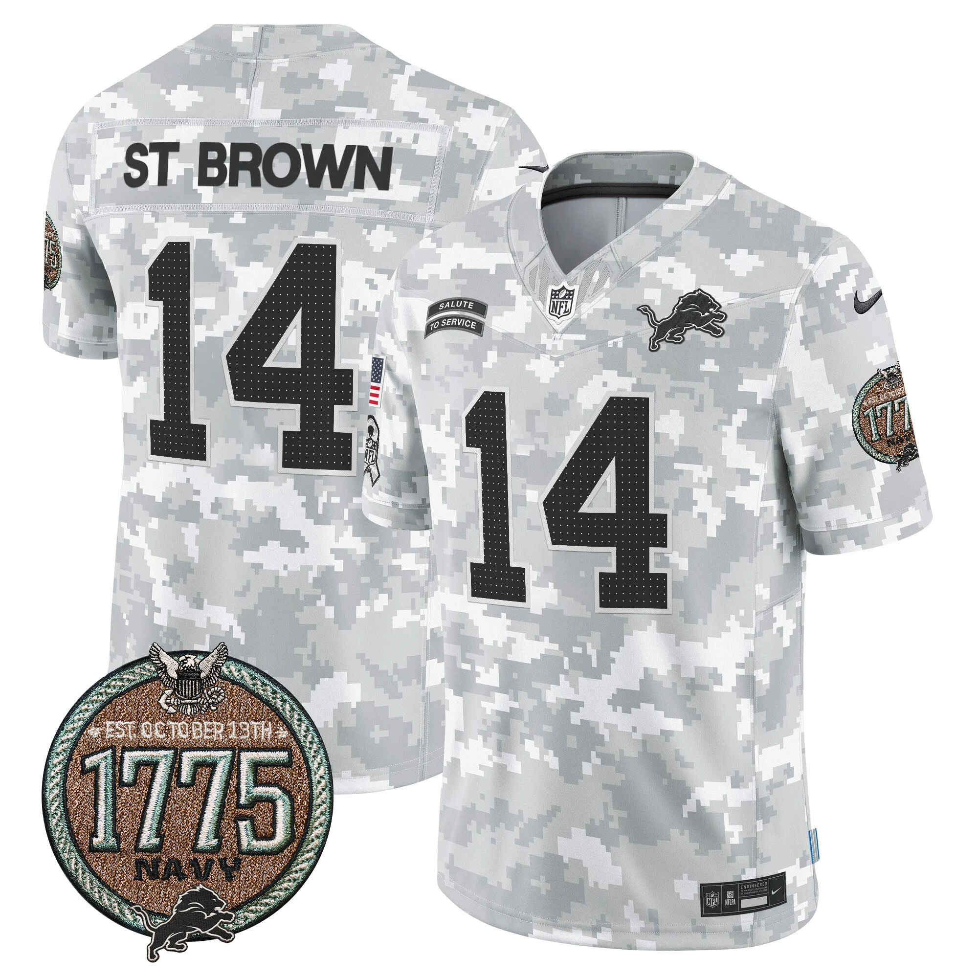 Mens Detroit Lions 2024 Salute To Service Establishment Year Patch Vapor Limited Jersey Stbrown Jersey Navy