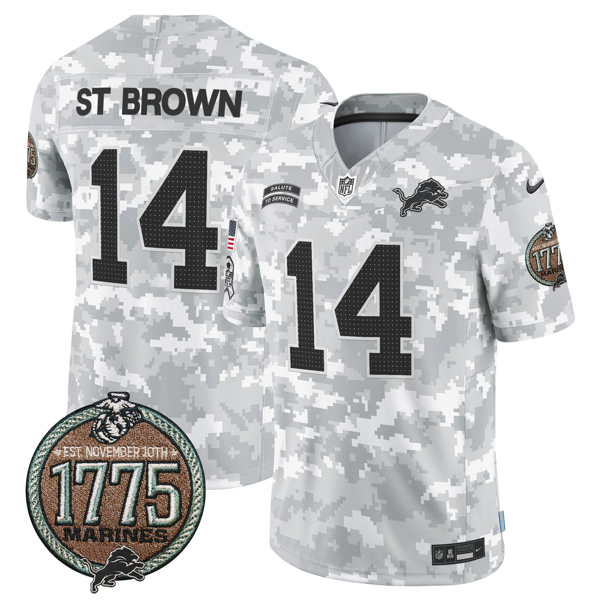 Mens Detroit Lions 2024 Salute To Service Establishment Year Patch Vapor Limited Jersey Stbrown Jersey Marines