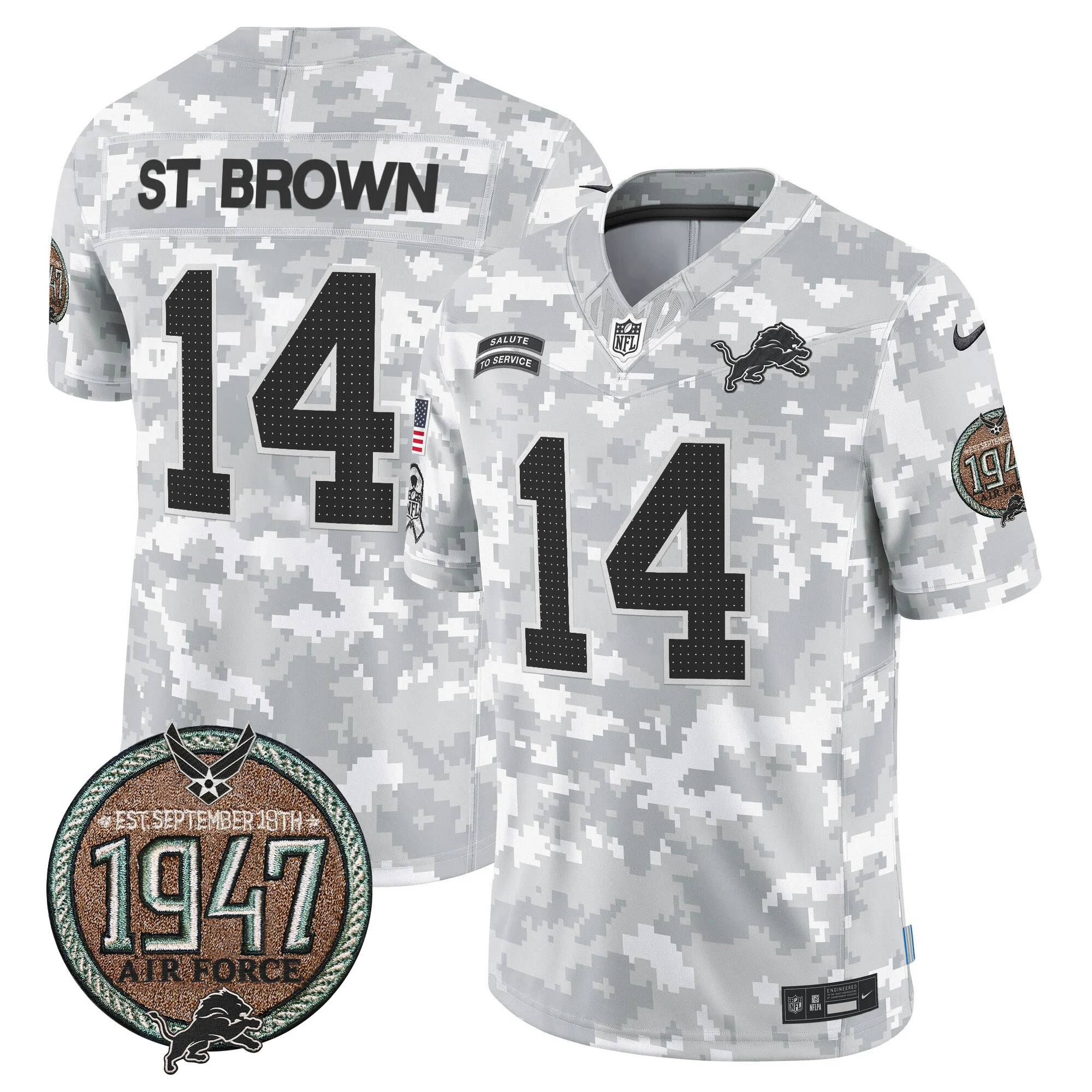 Mens Detroit Lions 2024 Salute To Service Establishment Year Patch Vapor Limited Jersey Stbrown Jersey Air Force