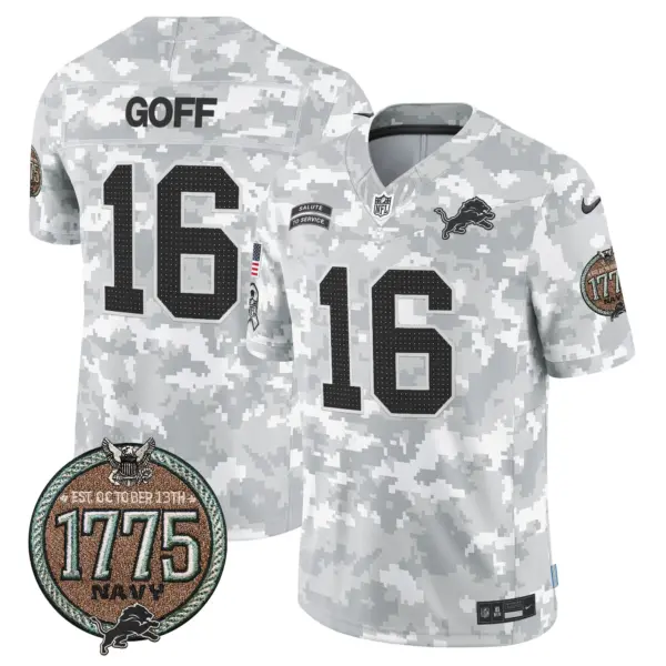Mens Detroit Lions 2024 Salute To Service Establishment Year Patch Vapor Limited Jersey Jared Goff Jersey Navy