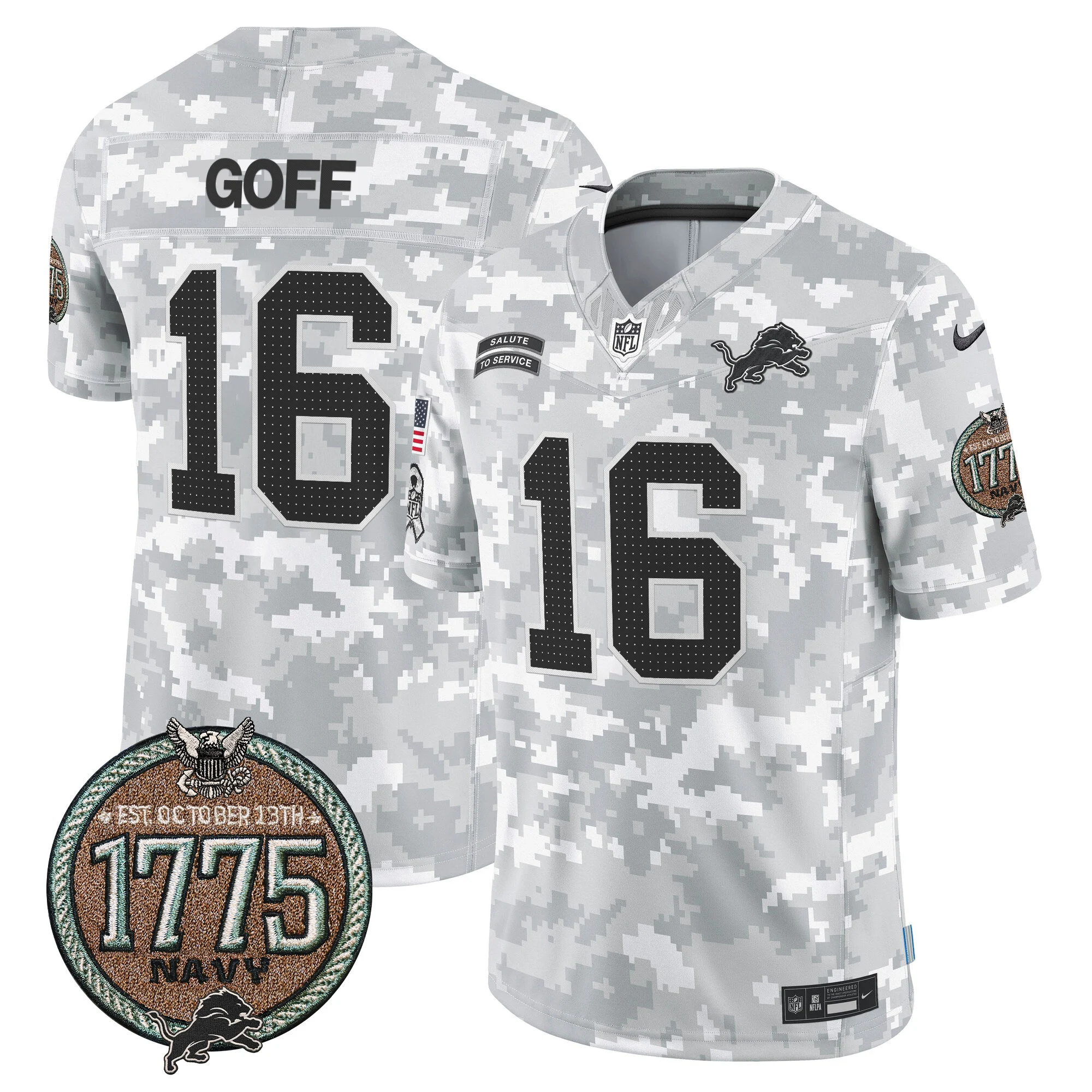 Mens Detroit Lions 2024 Salute To Service Establishment Year Patch Vapor Limited Jersey Jared Goff Jersey Navy