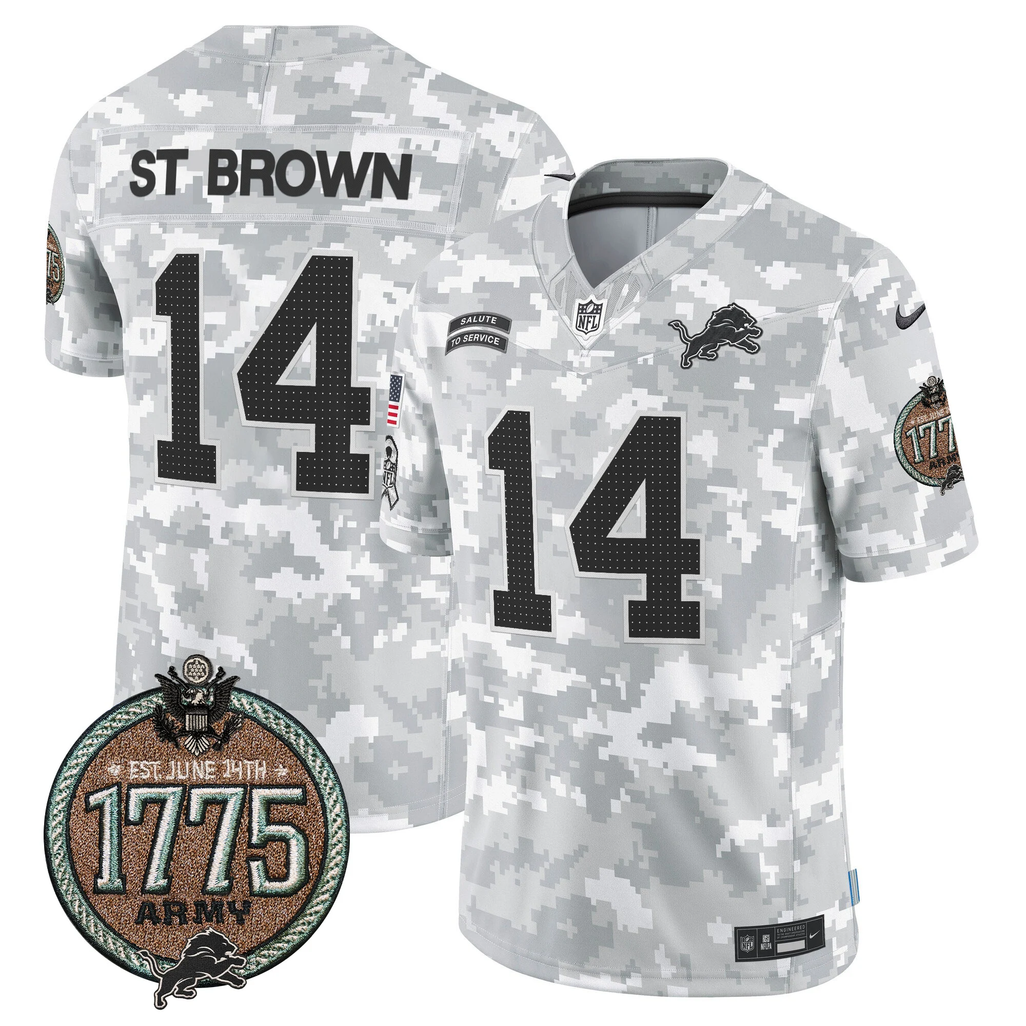 Mens Detroit Lions 2024 Salute To Service Establishment Year Patch Vapor Limited Jersey Stbrown Jersey Army