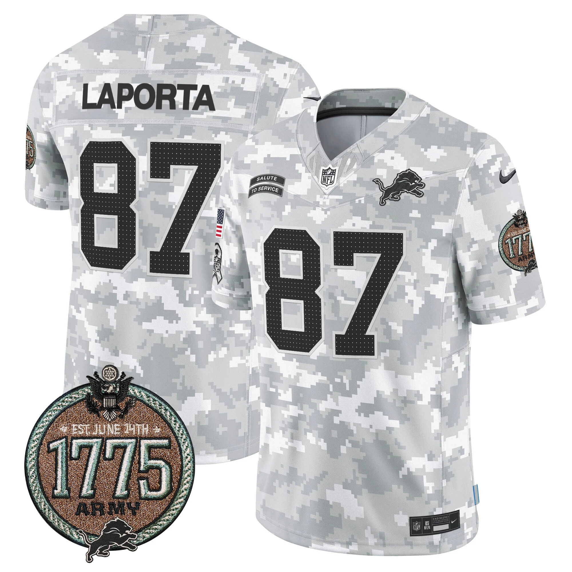 Mens Detroit Lions 2024 Salute To Service Establishment Year Patch Vapor Limited Jersey Sam Laporta Jersey Army