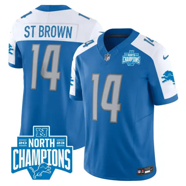 Mens Detroit Lions 2023 NFC North Division Champions Patch Vapor Jersey Stbrown Jersey Blue Alternate