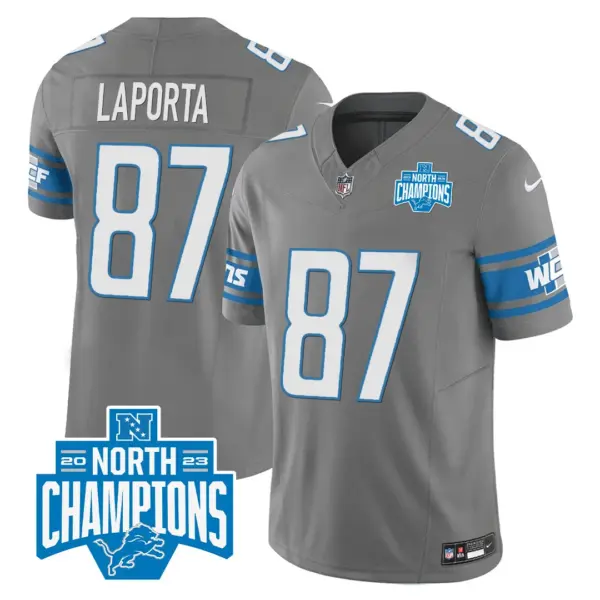 Mens Detroit Lions 2023 NFC North Division Champions Patch Vapor Jersey Sam Laporta Jersey Gray