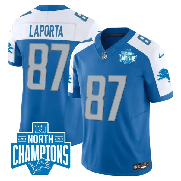 Mens Detroit Lions 2023 NFC North Division Champions Patch Vapor Jersey Sam Laporta Jersey Blue Alternate