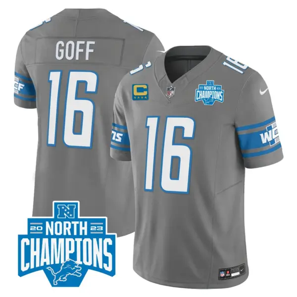 Mens Detroit Lions 2023 NFC North Division Champions Patch Vapor Jersey Jared Goff Jersey Gray