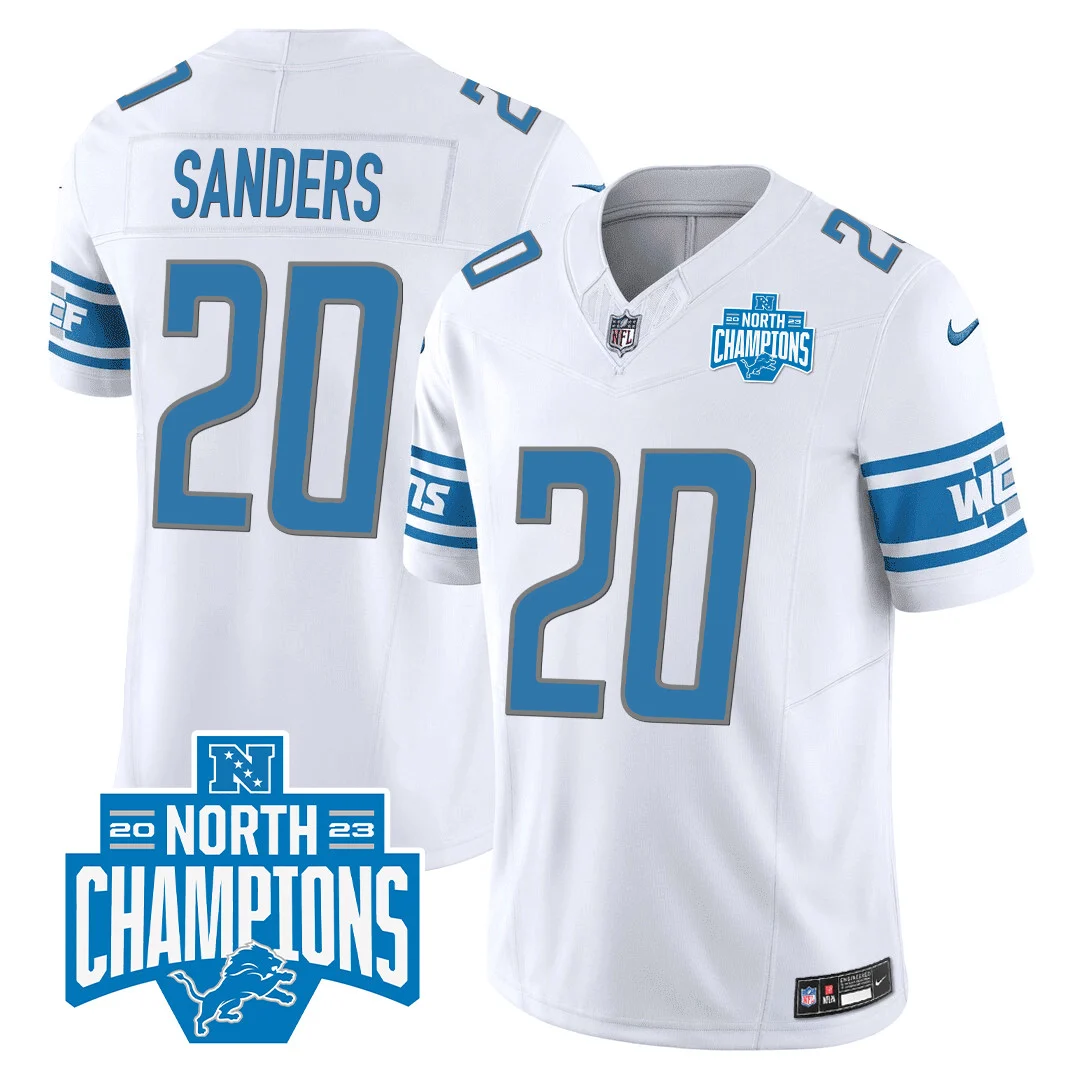 Mens Detroit Lions 2023 NFC North Division Champions Patch Vapor Jersey Barry Sanders Jersey White
